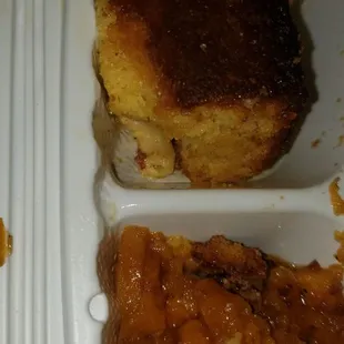 Burnt cornbread share the food with two other people they agreed burnt corn bread and not very well seasoned plate of food