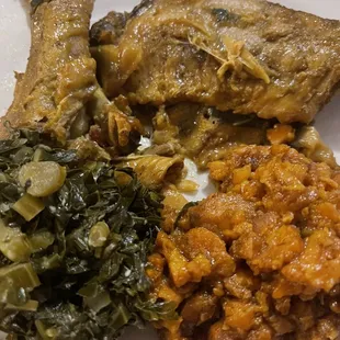 Turkey wings seasoned so good, nice and tender, collard greens yummy &amp; those yams, baby baby!