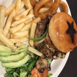 Grandma's famous Cowboy Burger! She is a huge fan of the Dallas Cowboys and even brands the buns on the burgers