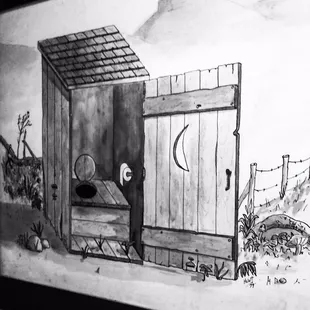 a drawing of an old outhouse