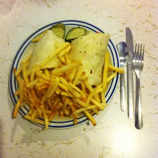 Chicken wrap and fries. Pretty delicious really.