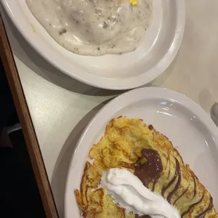 Banana Nutella Crepes, Biscuits and Gravy Combo