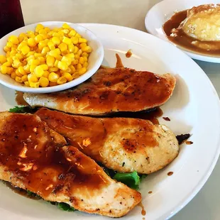 Bourbon Chicken Breast with corn, and mashed potatoes &amp; gravy