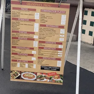 a menu on a sign