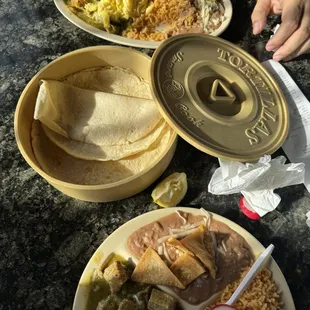 3 Corn Handmade TortillasTortilla, Chilaquiles with Eggs Plate, &amp; Chile Verde Plate