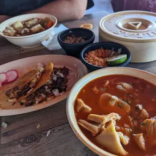 Birria tacos, menudo hand made corn tortillas and cosido de res  one dozen tamales to go