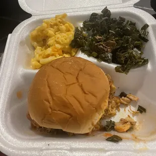 Pulled Pull Pork Combo with mac and cheese and collard greens.