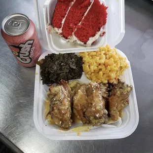 Chicken Wing Combo
Mac &amp; Cheese Collard Greens
Slice of Red velvet Cake