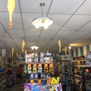 Hanging rubber chickens