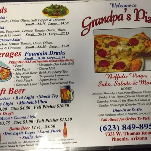 Grandpa&apos;s Pizza Menu