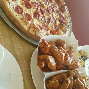 Pizza and wings are so good and they have the best ranch ever!