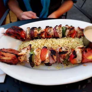 Chicken kabobs with rice