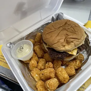 Cheeseburger, tots, horseradish sauce.