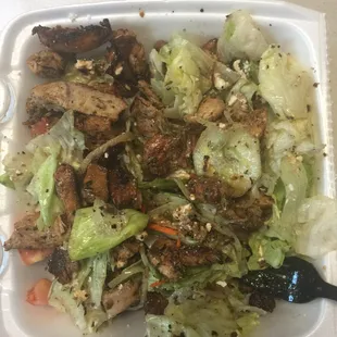 Chicken Greek salad. The chicken is over cooked and there was barely any feta. Such a disappointment.