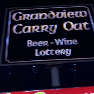 a sign for the grandview carry out