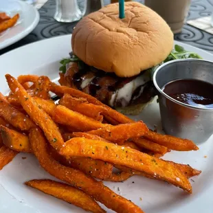 French bistro burger with sweet potato fries