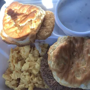 Breakfast Feast. Eggs, steak, gravy, hash brown, biscuits.