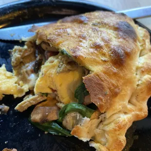 Breakfast calzone with egg cheese mushroom spinach bacon and meatball.