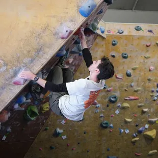 Bouldering on the 45 degree wall.
