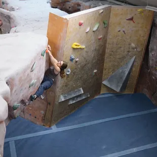Bouldering room. Natural feature walls, as well as the 12.5 degree wall, often featuring the Boulder of the Week.