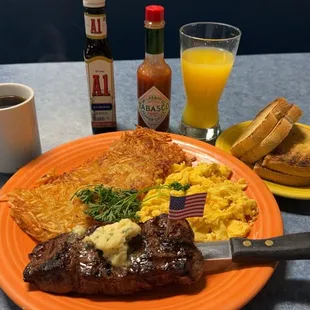 The steak meal for breakfast!! With Hash Browns and Eggs!