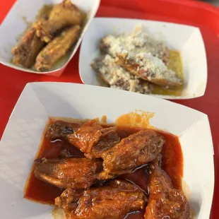 Hot &amp; sweet wings, garlic parm, &amp; lemon pepper wings