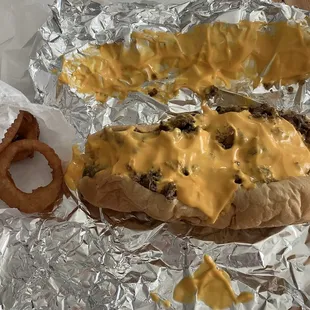 Nacho Cheesesteak &amp; onion rings