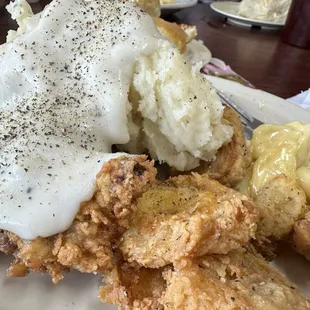 Chicken fried steak Mac and cheese and fried squash!