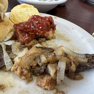 Liver and onions, a bit of meatloaf and rolls and cornbread