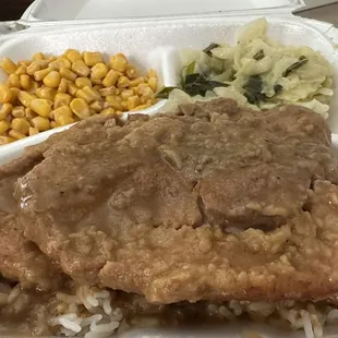 Smothered Pork Chops, Rice &amp; Gravy, Corn and Cabbage