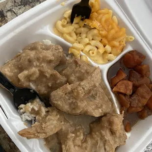 Smothered Chicken, Mac N Cheese, Candied Yams &amp; cornbread.  Soooo good