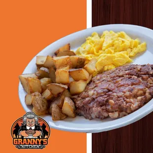 Corn Beef Hash With Eggs and your choice of  side