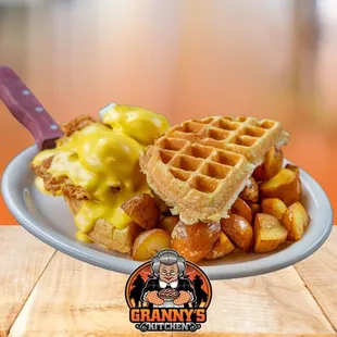 Chicken and waffle benedict with a choice of your side