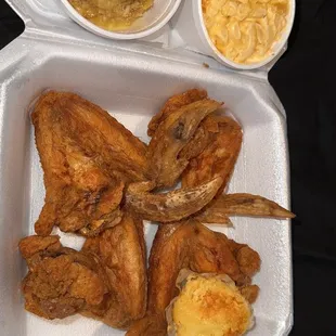 4 Whole Wings , Mac and cheese and dressing with the corn