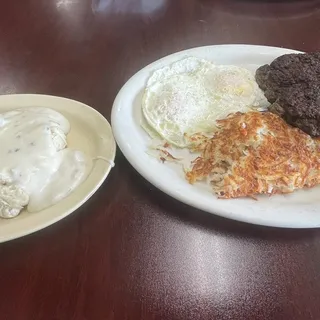 Hand Patter Burger Steak and Eggs Breakfast