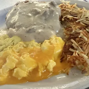 Country Fried Steak, eggs, hashbrowns