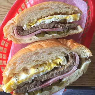 Sausage, Ham, Egg, Cheese + jalapeño croissant