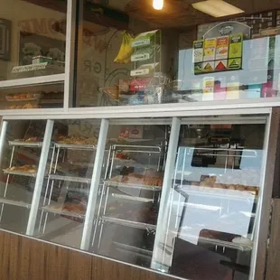 a display case of donuts