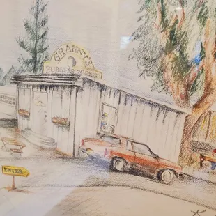 a drawing of a car parked in front of a building