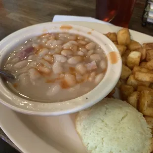 White beans with ham, cornbread and potatoes