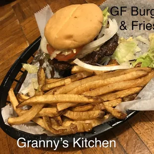 Gluten Free Mushroom Swiss Burger with Papa&apos;s Fries.