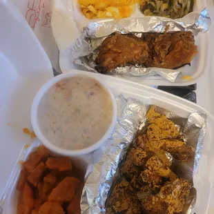 Catfish nuggets, yams,potato salad, fried chicken and Mac and cheese and greens.