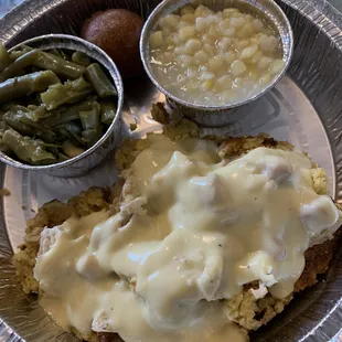 Chicken &amp; Dressing, green beans, sweet corn &amp; a hush puppy