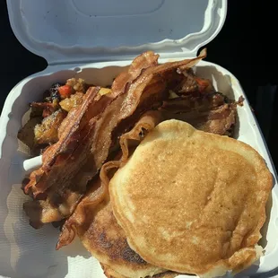 Two big thumbs up! I had the pancakes, bacon, and potatoes and my husband tried the salmon cakes, potatoes, and turkey sausage.