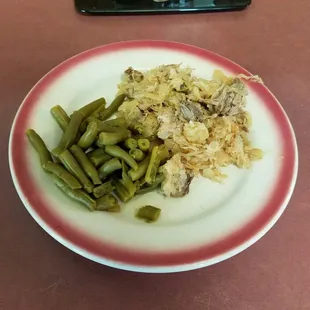 Pork &amp; Kraut with green beans. Mashed potatoes included but this customer chose to not have