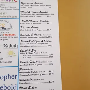 Breakfast, nothing over $8.95 for a chopped steak w eggs