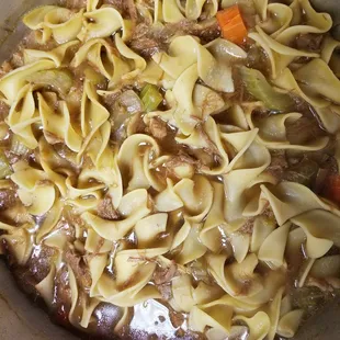 Variety of homemade soups and  chili. This is the beef noodle