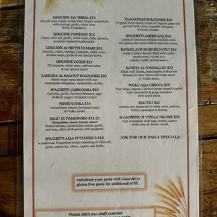 Pasta Menu