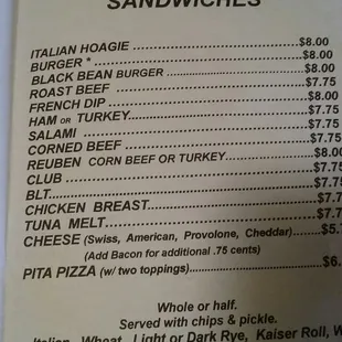 the menu for sandwiches