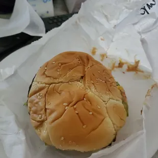 My  very squished burger. Tasted just like it looks!